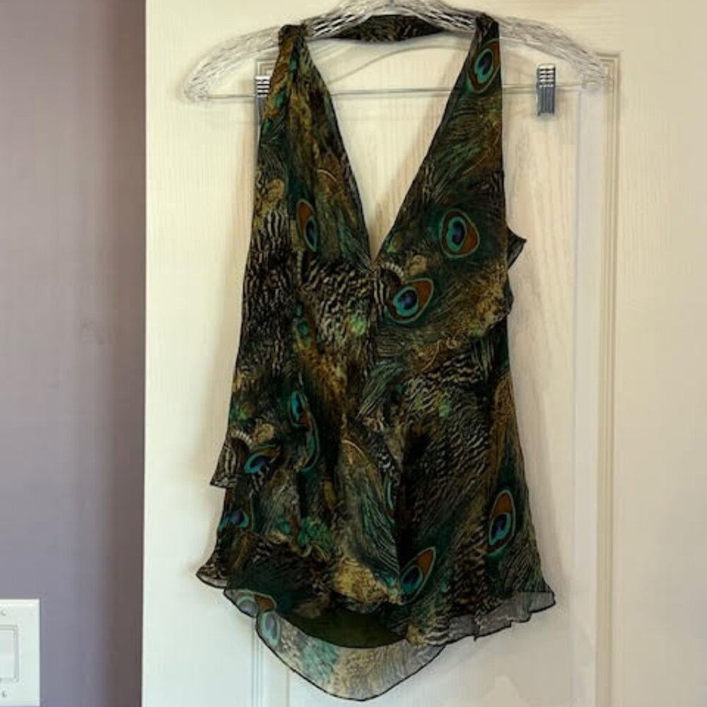 Haute Hippie Silk Peacock Feather Halter Top